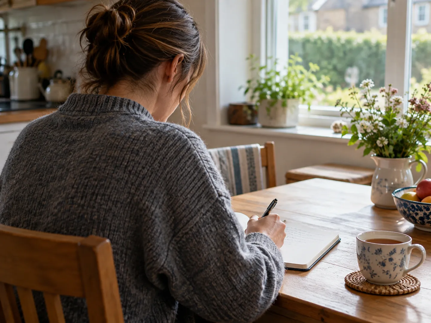 A person seen from behind writing in a notebook at a kitchen table by a window, a cup of tea beside them