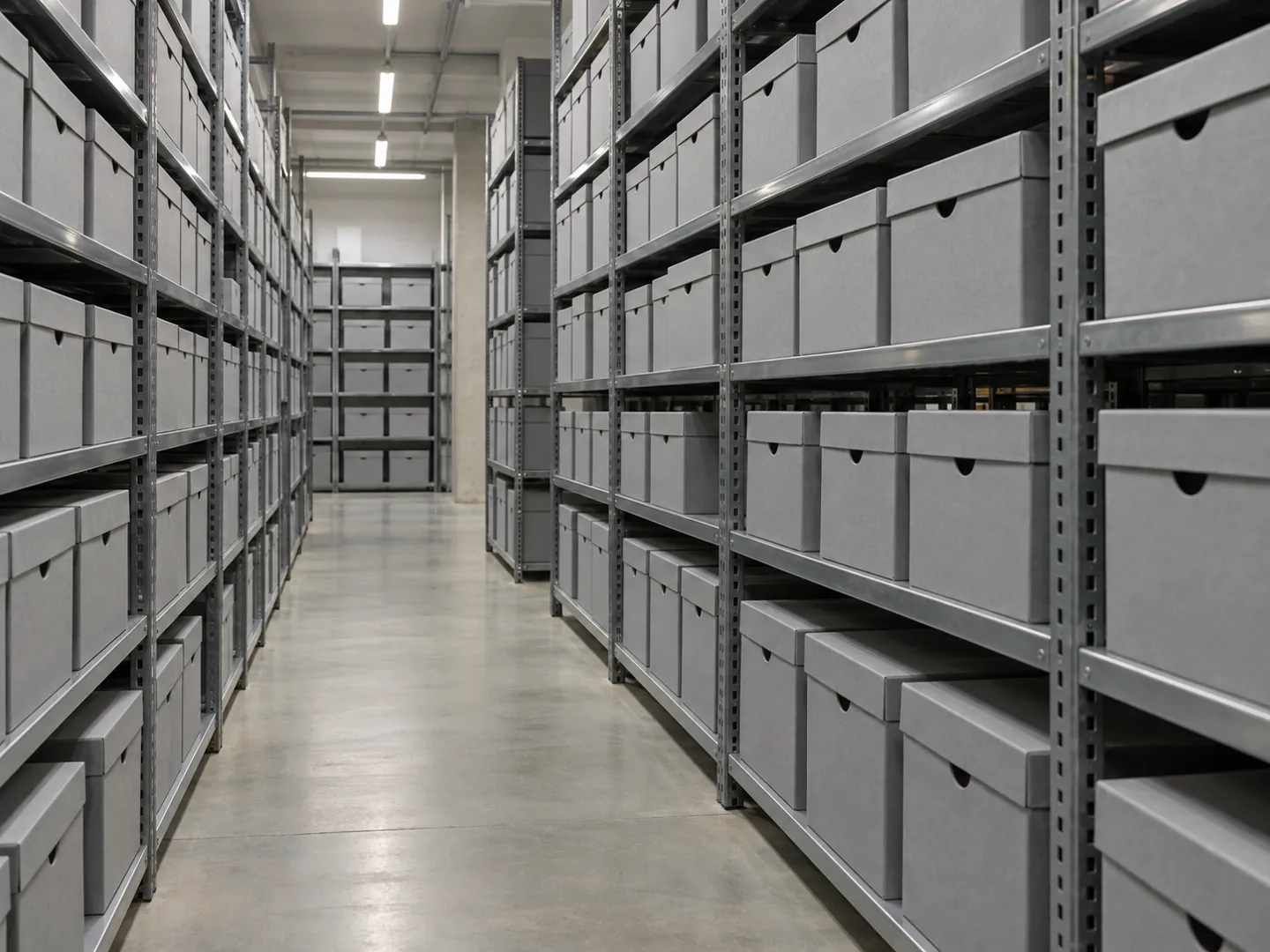 Grey archive boxes lined up on long shelves in a quiet archive store, lit by soft overhead light