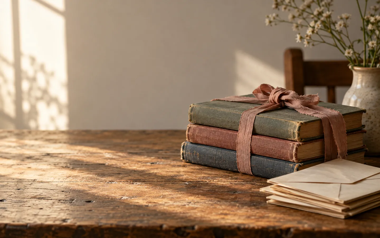 A stack of old cloth-bound diaries tied with faded ribbon beside a pile of envelopes on a wooden table in morning light